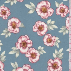 3 YD PC-Dusty Blue/Brick Pink Floral Double Brushed Jersey Knit Fabric