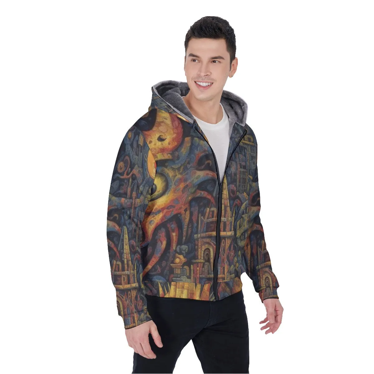 All-Over Print Men's Sherpa Fleece Zip Up Hoodie, blue and yellow abstract, print, #25KK