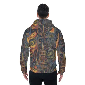 All-Over Print Men's Sherpa Fleece Zip Up Hoodie, blue and yellow abstract, print, #25KK