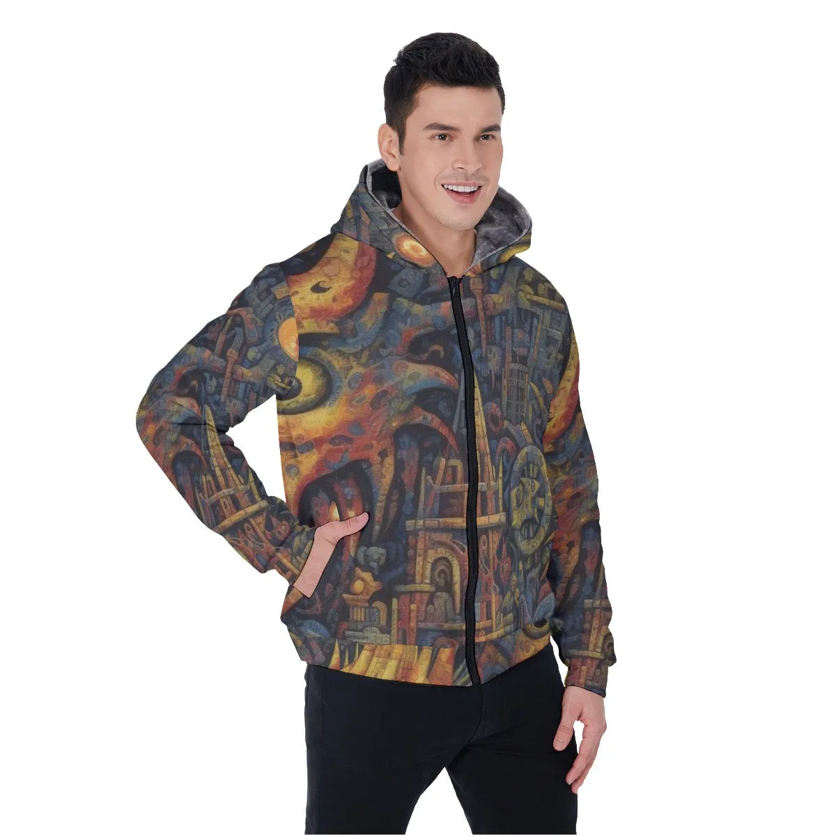 All-Over Print Men's Sherpa Fleece Zip Up Hoodie, blue and yellow abstract, print, #25KK