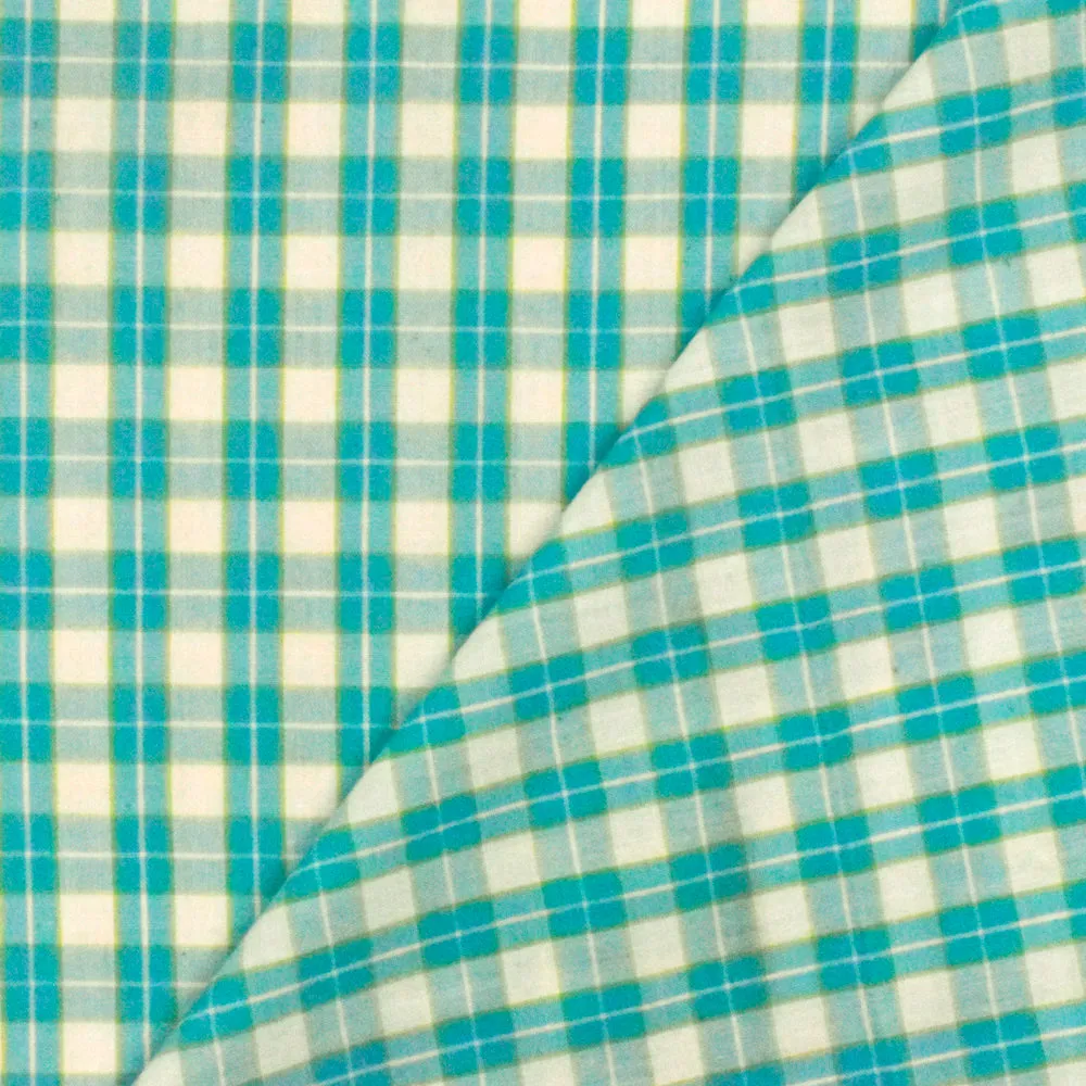 Aqua Teal-White-Green Plaid Cotton Polyester Madras Woven Fabric