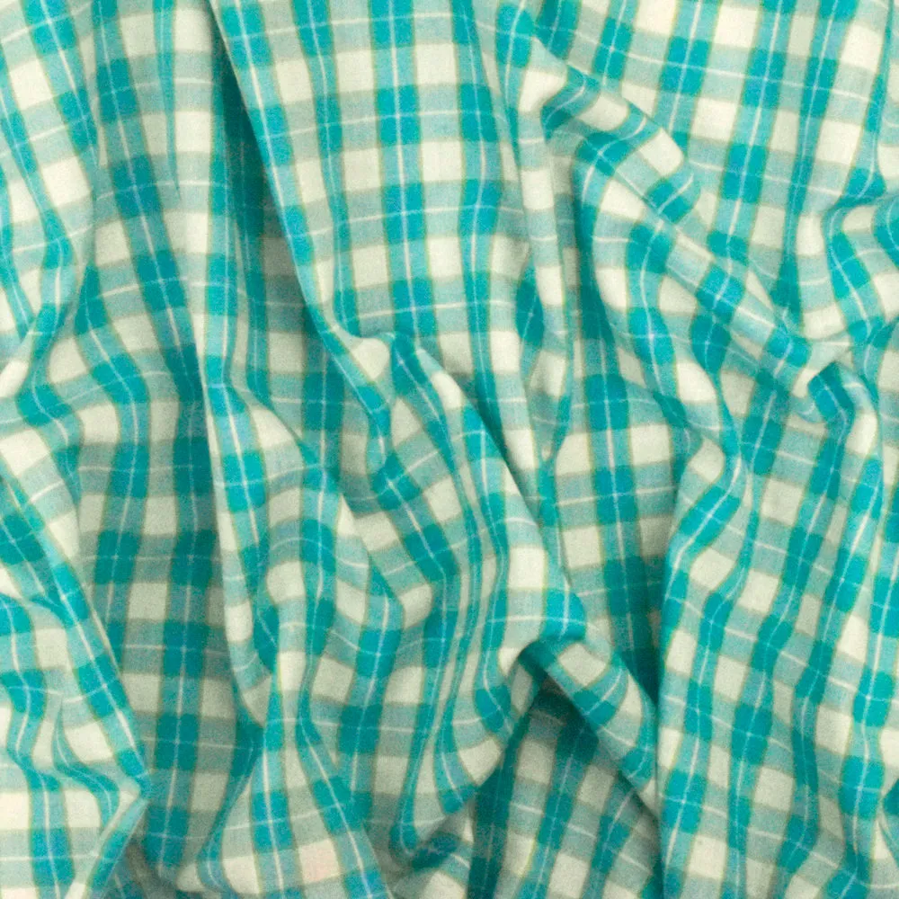 Aqua Teal-White-Green Plaid Cotton Polyester Madras Woven Fabric