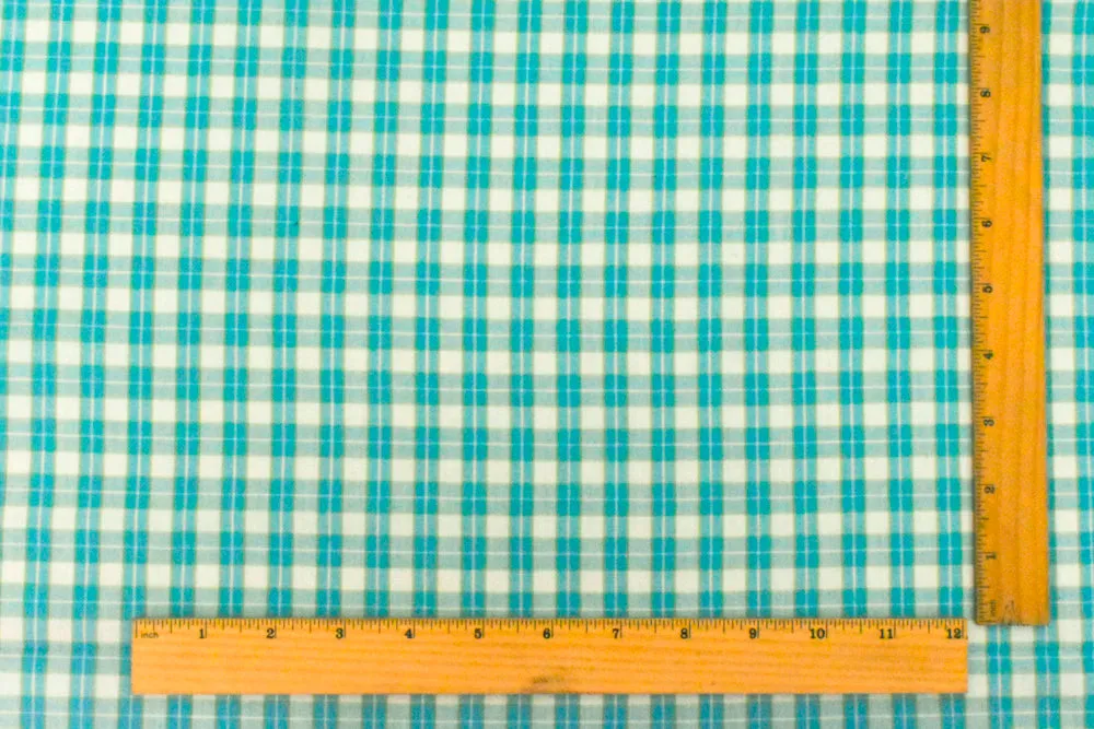 Aqua Teal-White-Green Plaid Cotton Polyester Madras Woven Fabric