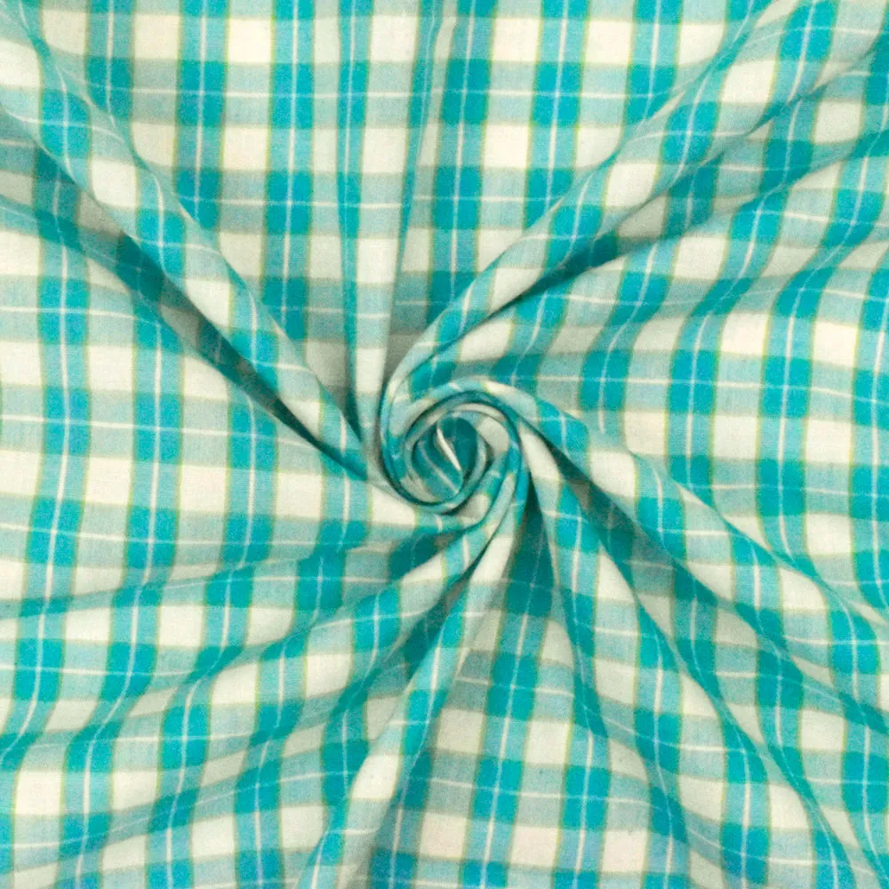 Aqua Teal-White-Green Plaid Cotton Polyester Madras Woven Fabric