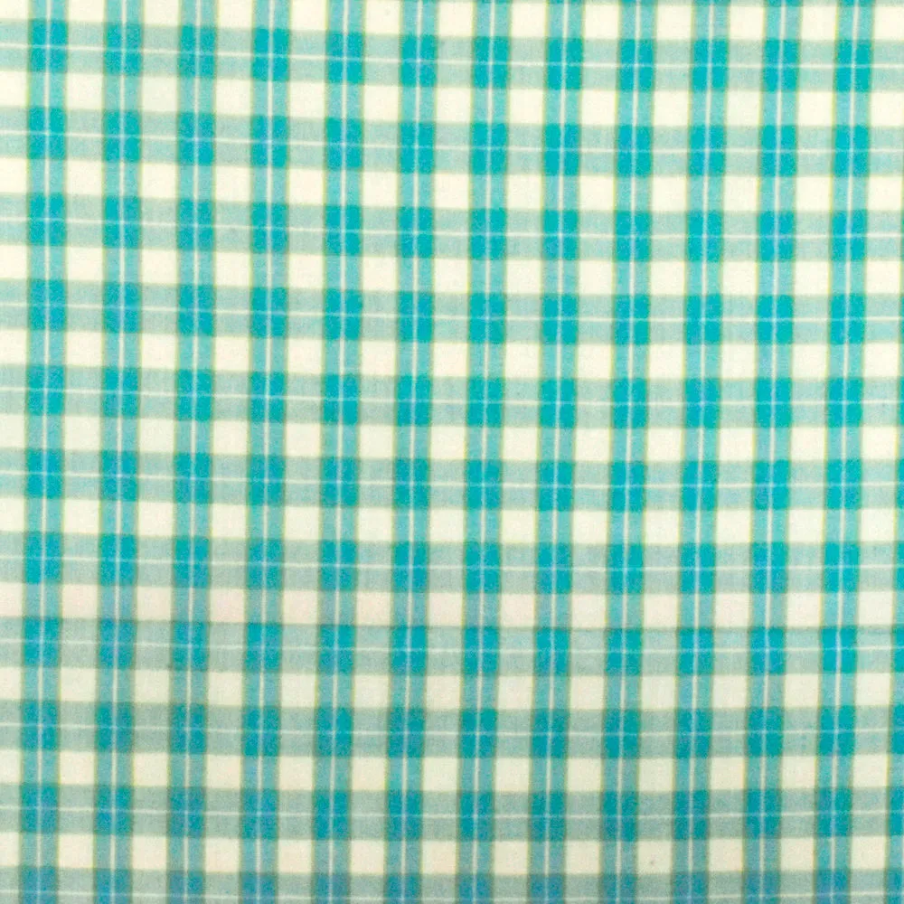 Aqua Teal-White-Green Plaid Cotton Polyester Madras Woven Fabric