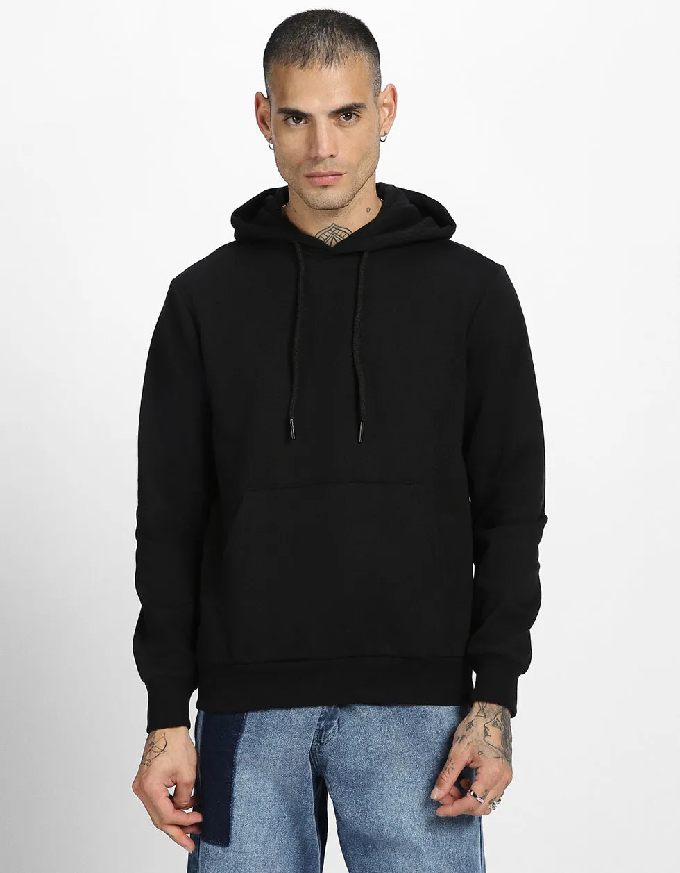 Black Plain Regular Hoodie