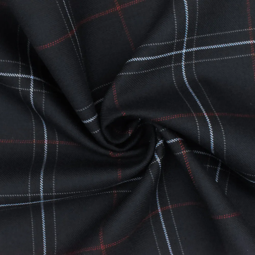 Cool Black-Soft Blue-Multi Plaid Wool-Poly Twill Woven Suiting Fabric