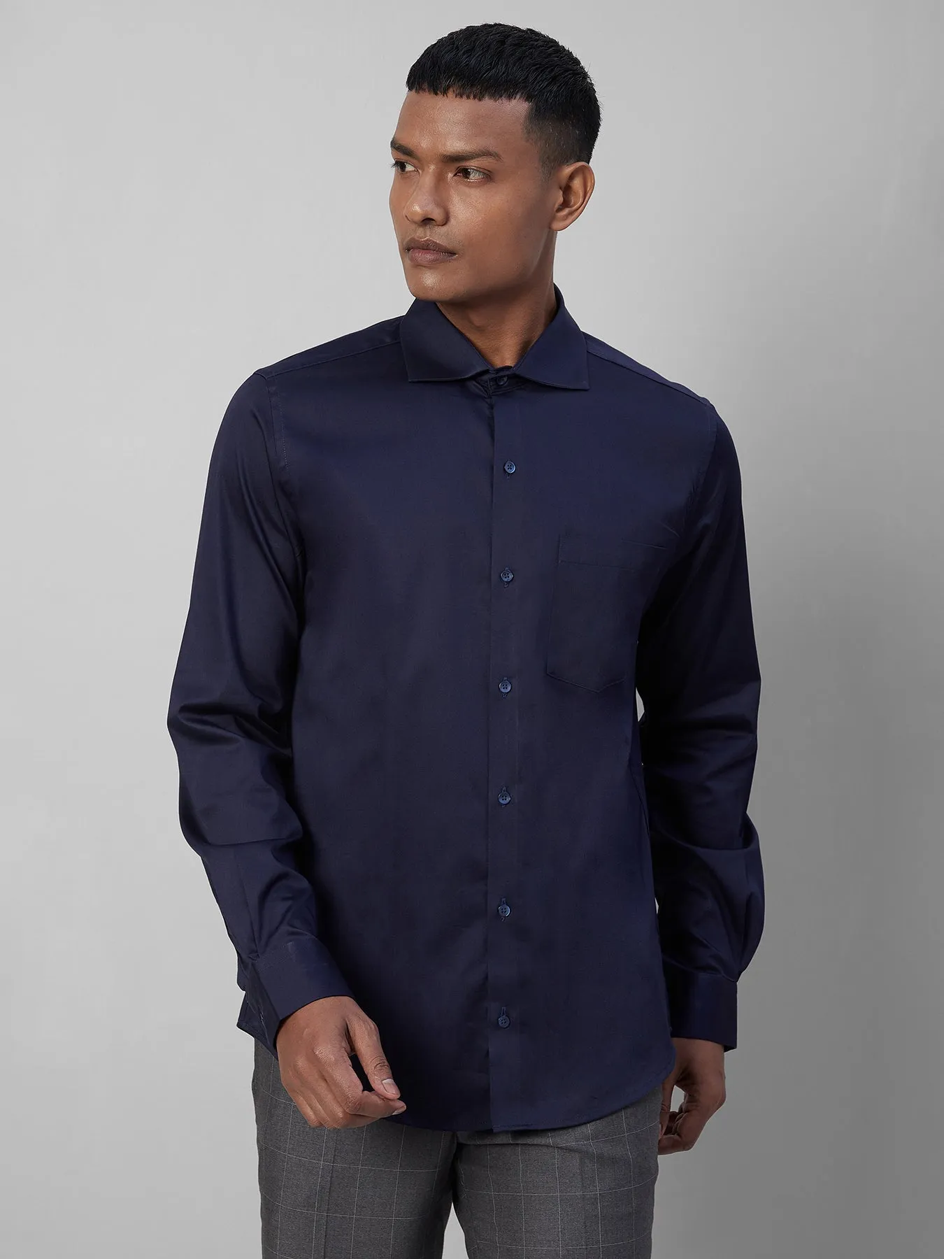 Cotton Stretch Navy Blue SLIM FIT Full Sleeve Formal Mens Plain Shirt