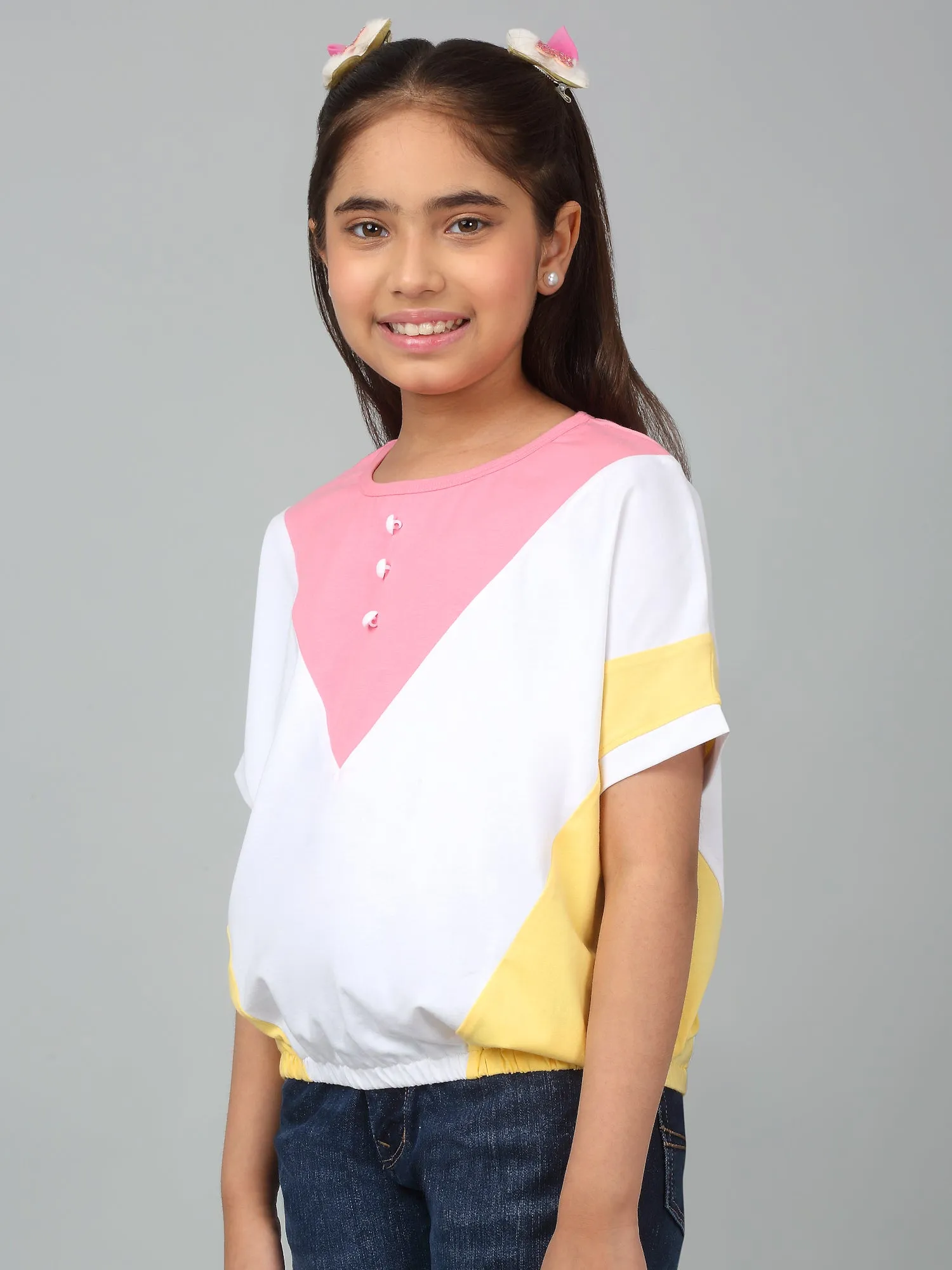 Girls Casual Pink Extended Half Sleeves  T-Shirt