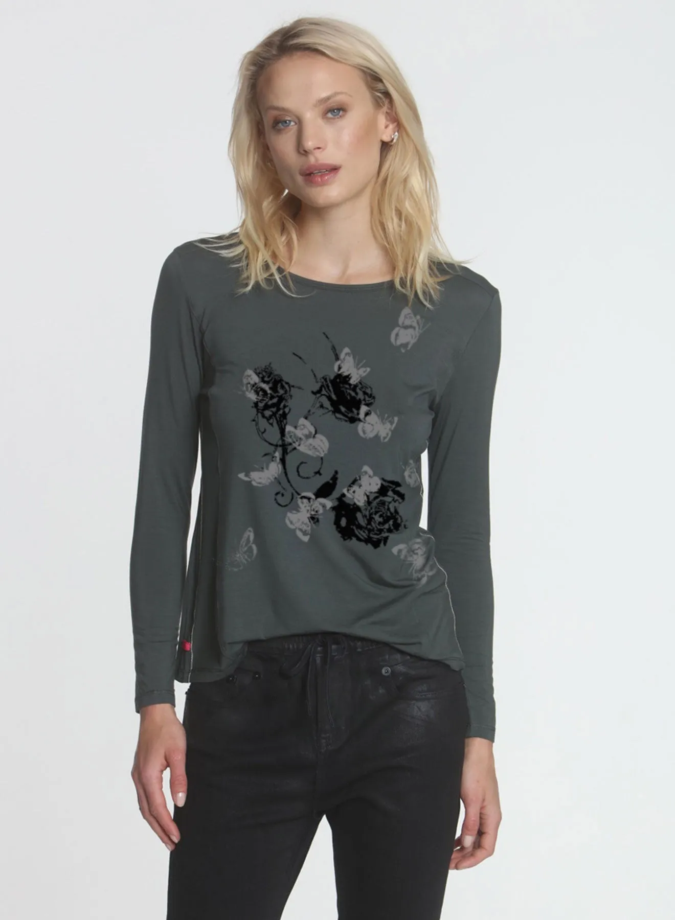 Graphic Riley LS Tee - Loden Rose Butterflies