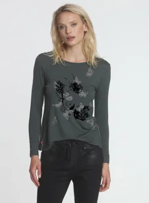 Graphic Riley LS Tee - Loden Rose Butterflies