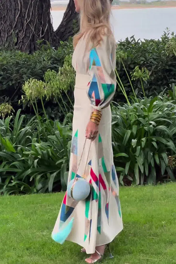 Highest Elegance Colorful Triangle Print Padded Shoulder Blouse and High Rise Maxi Skirt Set