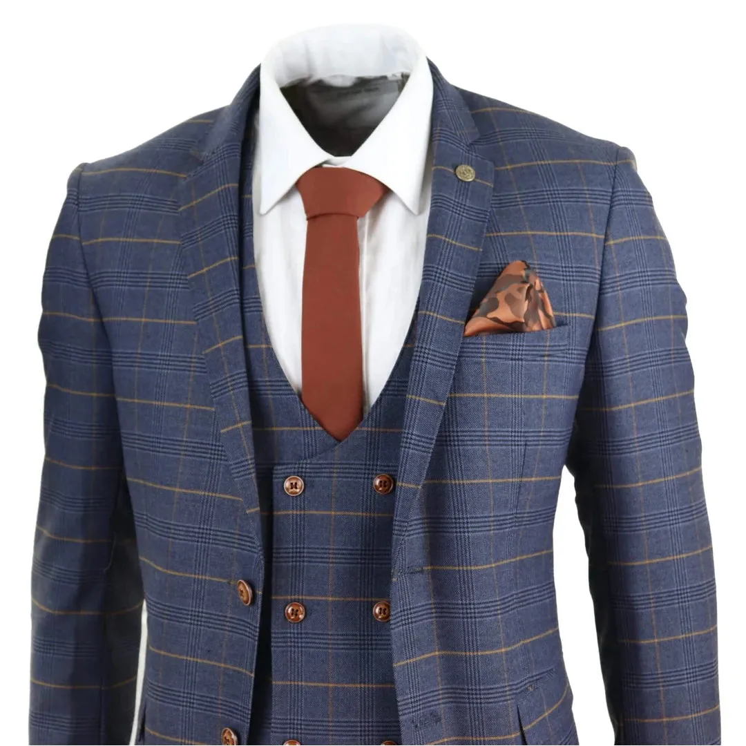 Jenson - Men's 3 Piece Navy Blue Tan Check Double Breasted Waistcoat Suit