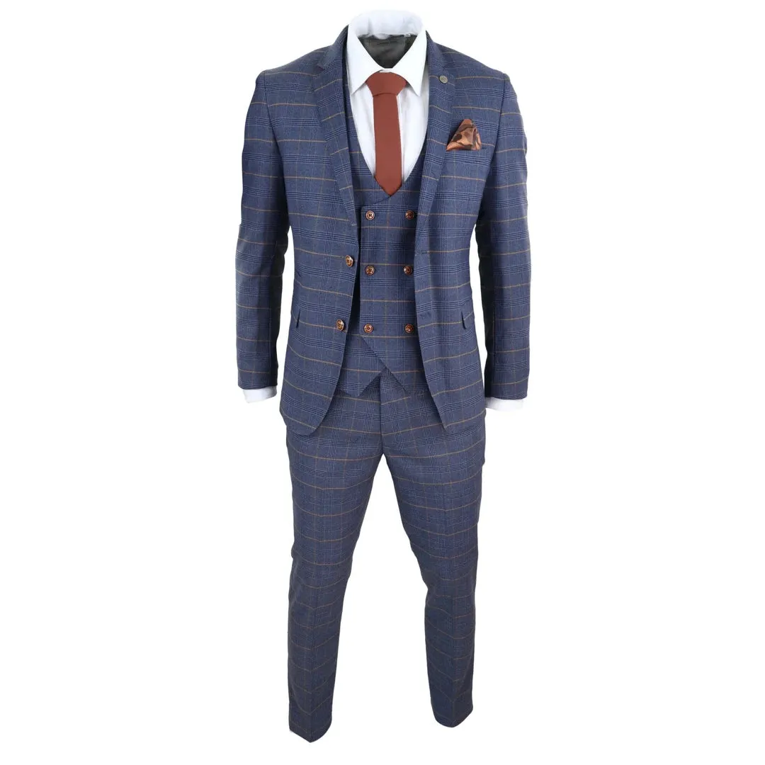 Jenson - Men's 3 Piece Navy Blue Tan Check Double Breasted Waistcoat Suit