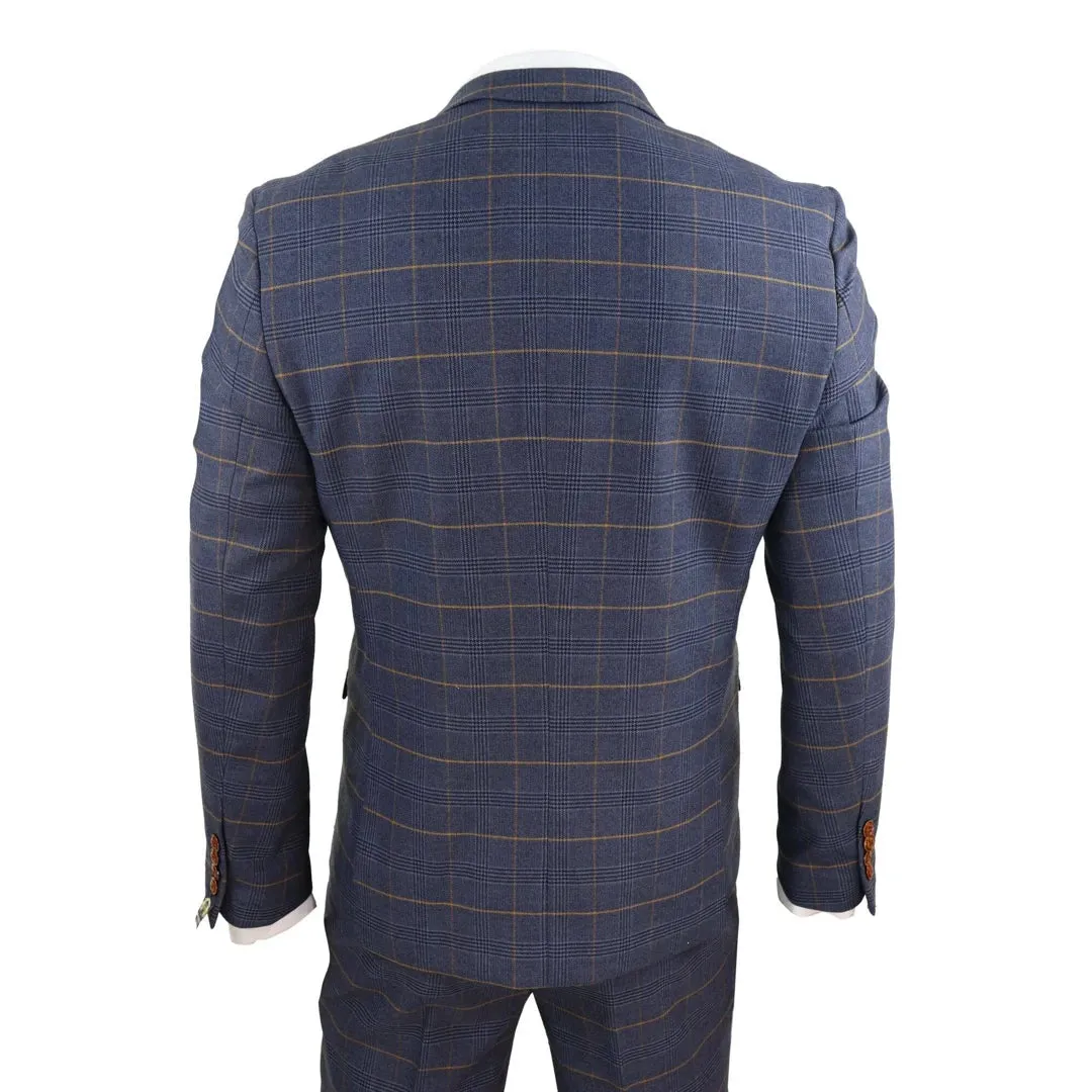 Jenson - Men's 3 Piece Navy Blue Tan Check Double Breasted Waistcoat Suit