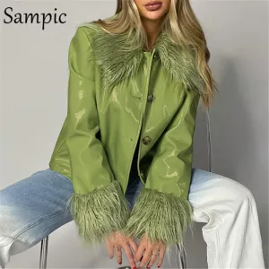 Joskaa Christmas Gift Sampic Y2K Winter 2024 Fashion Leather Jacket Tops For Women Clothing 2024 Patchwork Oversized Loose Basic Jackets Coat Outwear