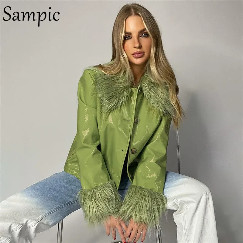 Joskaa Christmas Gift Sampic Y2K Winter 2024 Fashion Leather Jacket Tops For Women Clothing 2024 Patchwork Oversized Loose Basic Jackets Coat Outwear