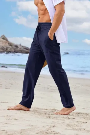 Men Navy Blue Cotton Linen Trouser Casual Lightweight Elastic Waist Trouser Summer Beach Long Trouser For Men's