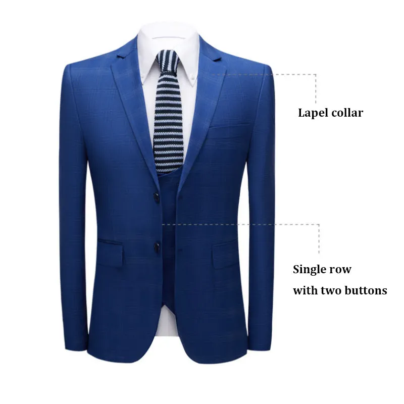 Men's 3 Pieces Slim Fit Suit Plaid Tuxedo Suit Dark Blue Business Wedding Dress Men Classic Formal Jacket Pants Vest | 9812-59