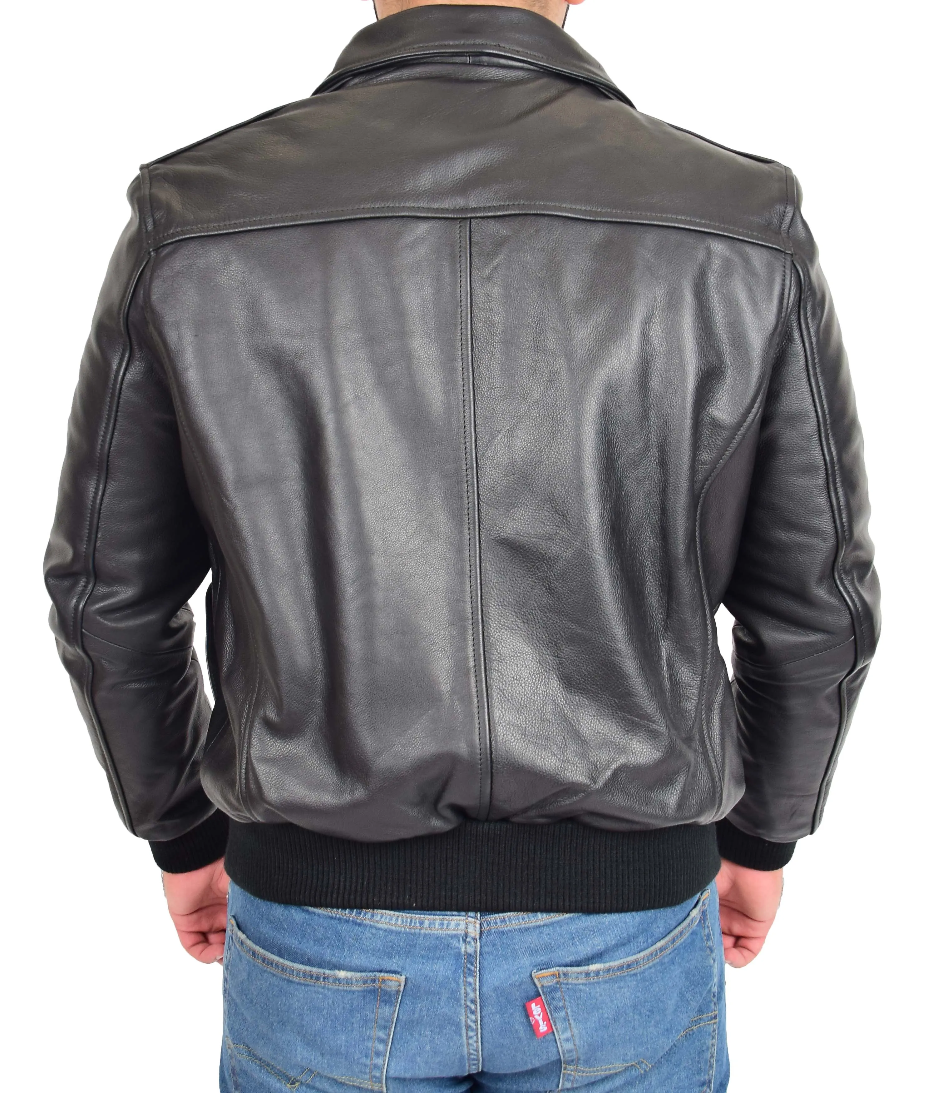 Mens Genuine Cowhide Black Leather Flight Jacket Sheepskin Collar Bomber Harrier