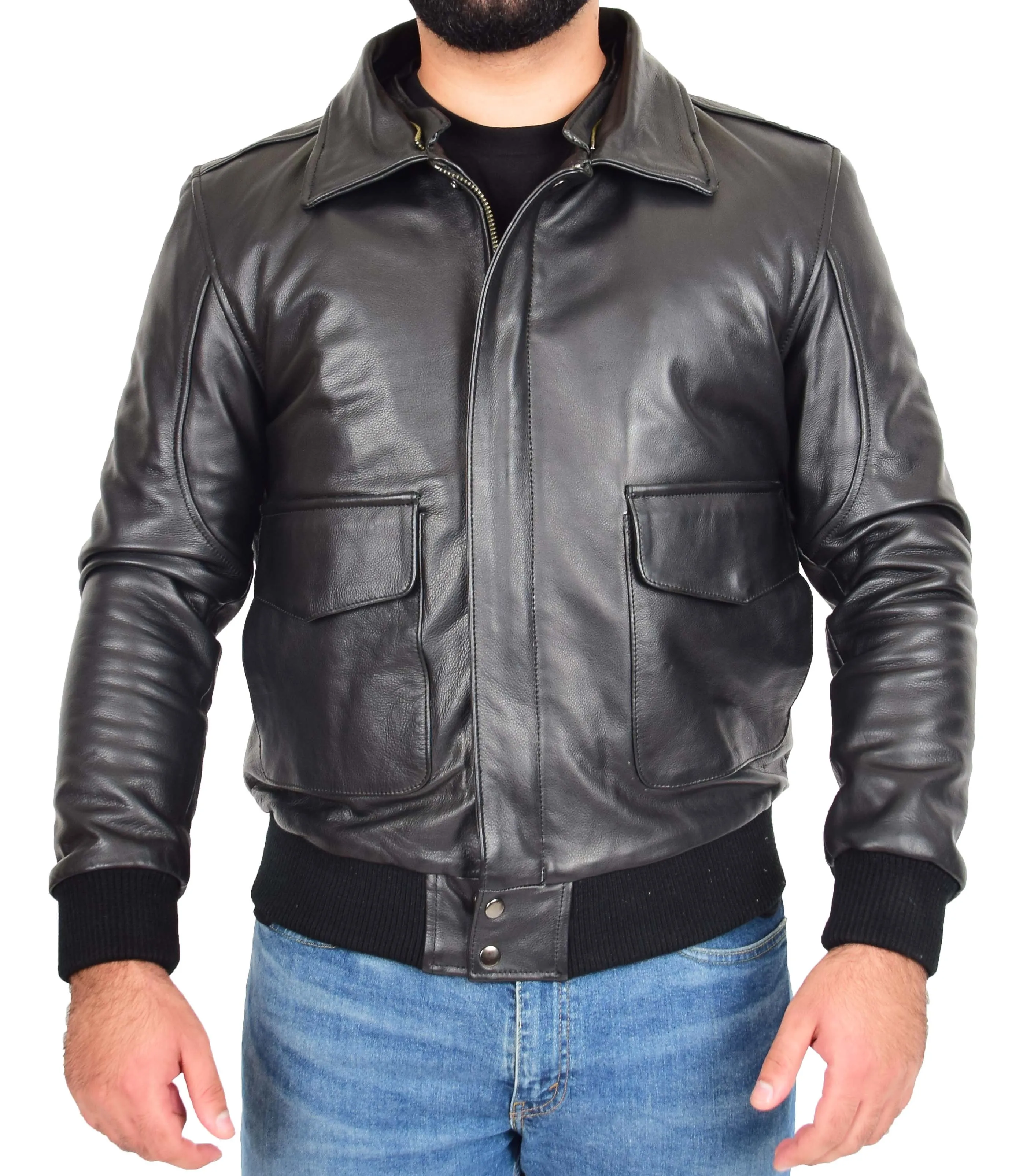 Mens Genuine Cowhide Black Leather Flight Jacket Sheepskin Collar Bomber Harrier