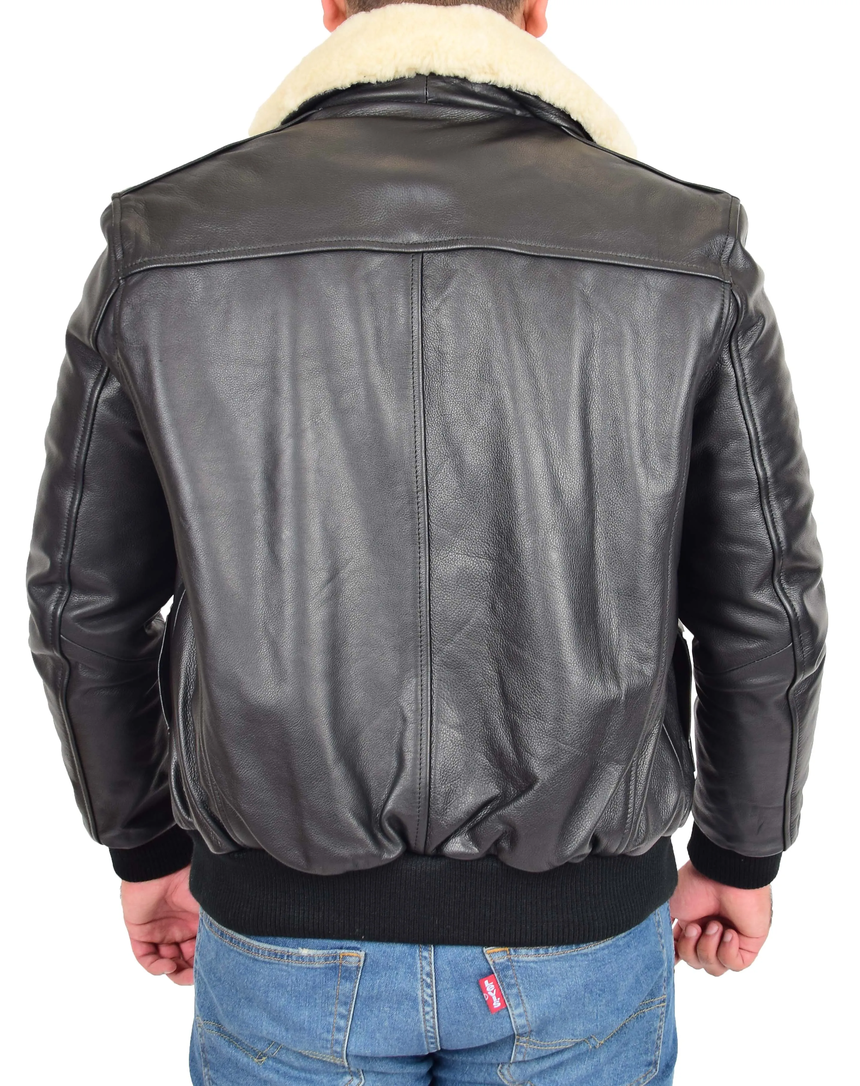 Mens Genuine Cowhide Black Leather Flight Jacket Sheepskin Collar Bomber Harrier