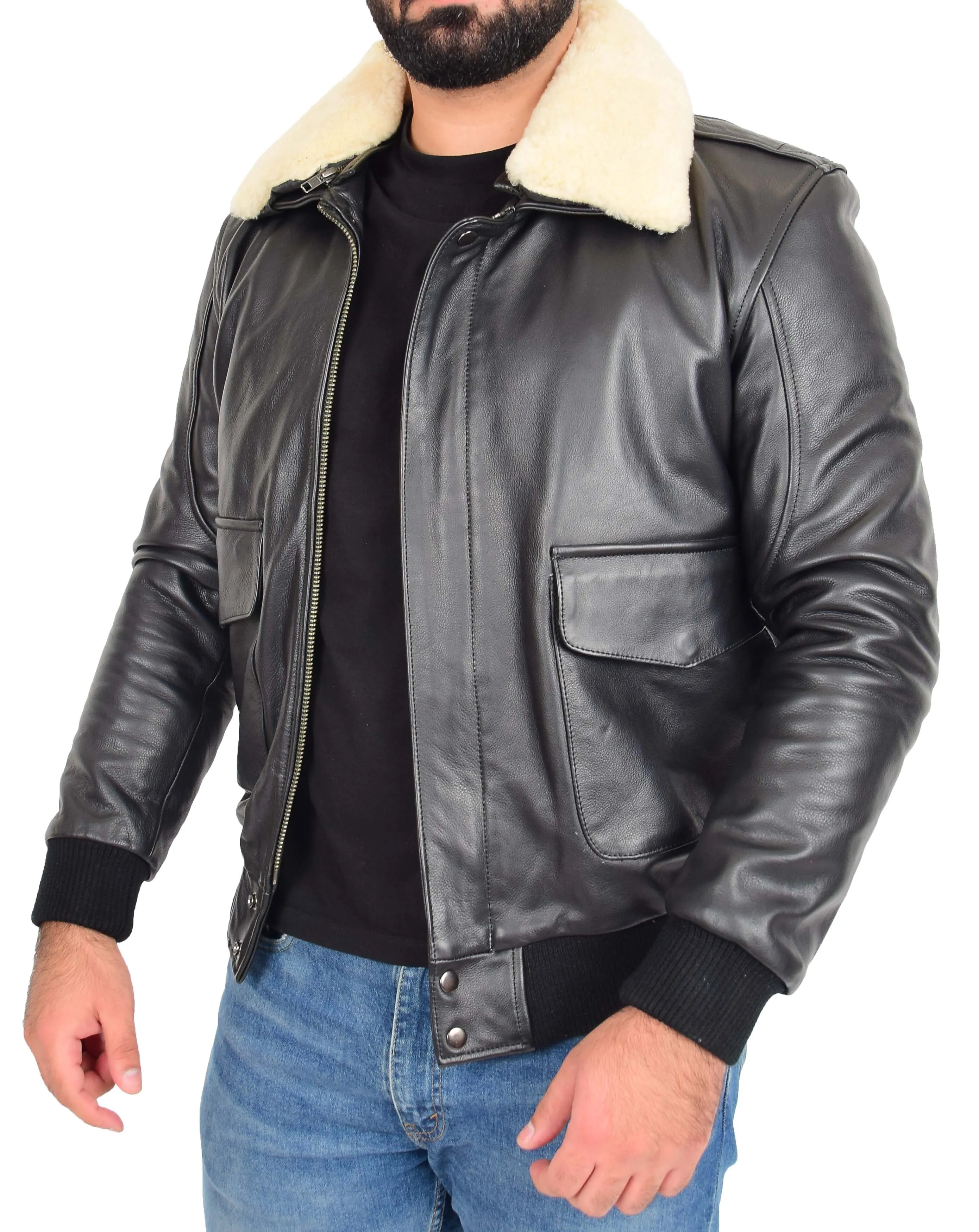 Mens Genuine Cowhide Black Leather Flight Jacket Sheepskin Collar Bomber Harrier