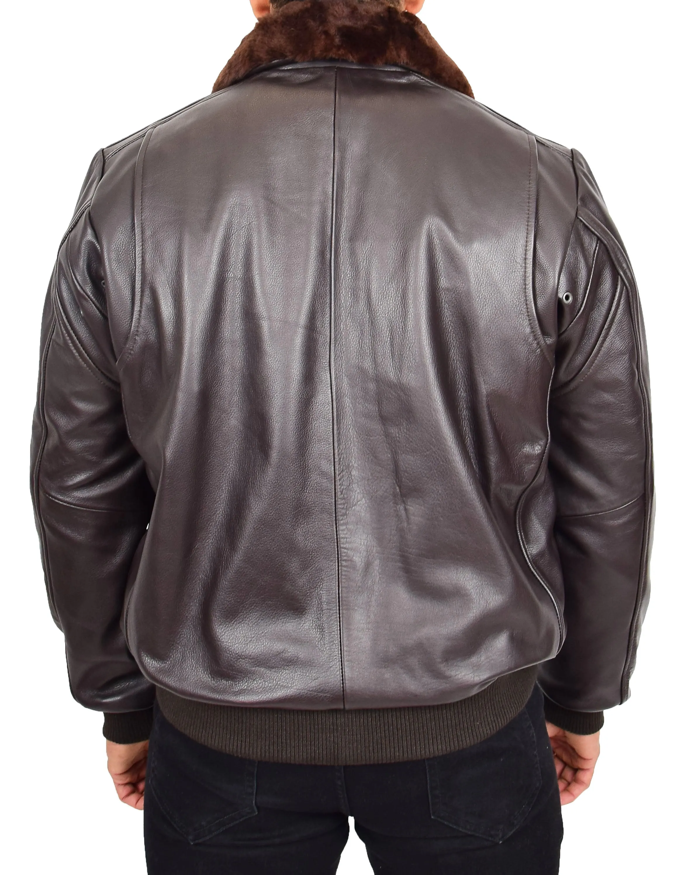 Mens Genuine Cowhide Brown Leather Flight Jacket Sheepskin Collar Bomber Harrier