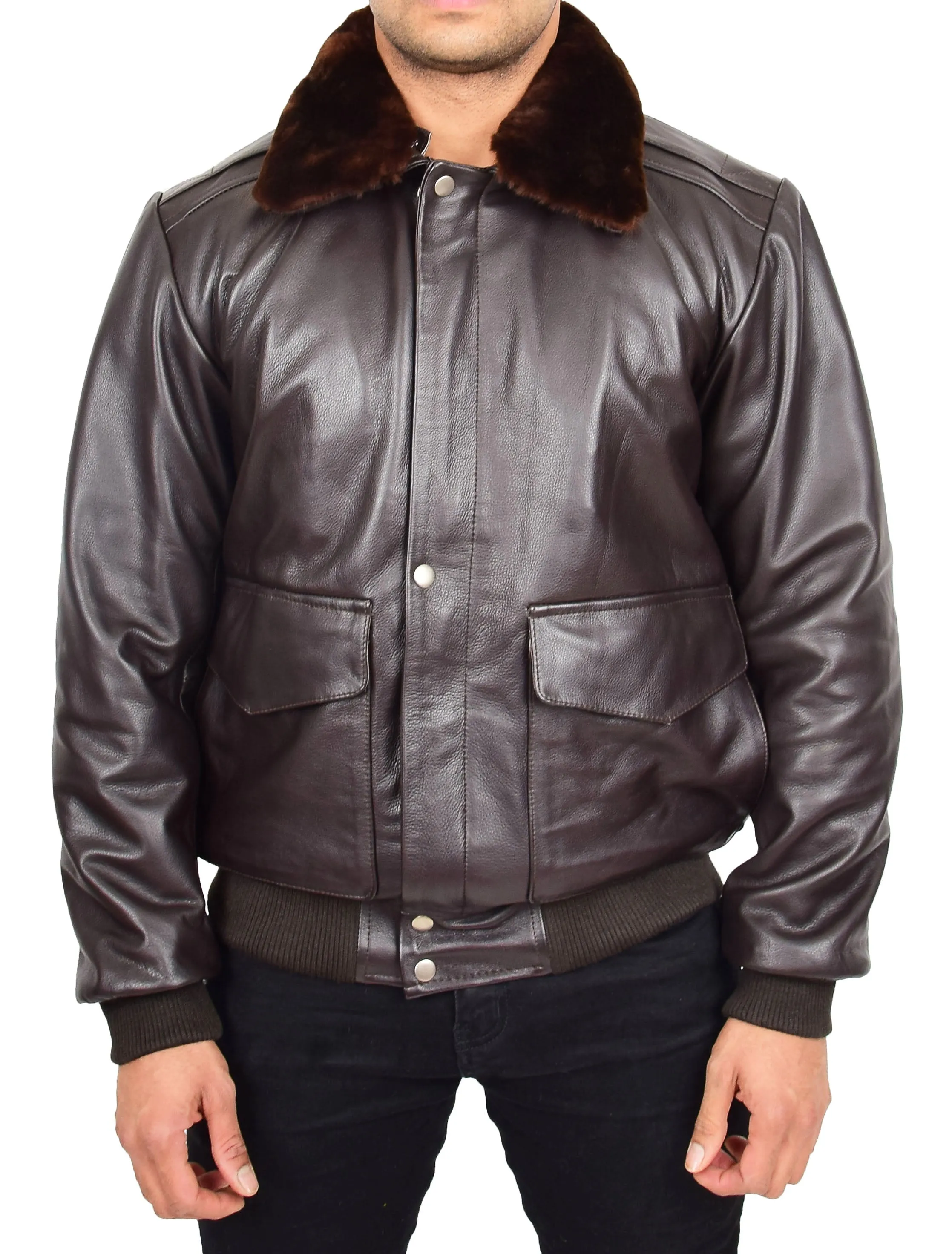 Mens Genuine Cowhide Brown Leather Flight Jacket Sheepskin Collar Bomber Harrier