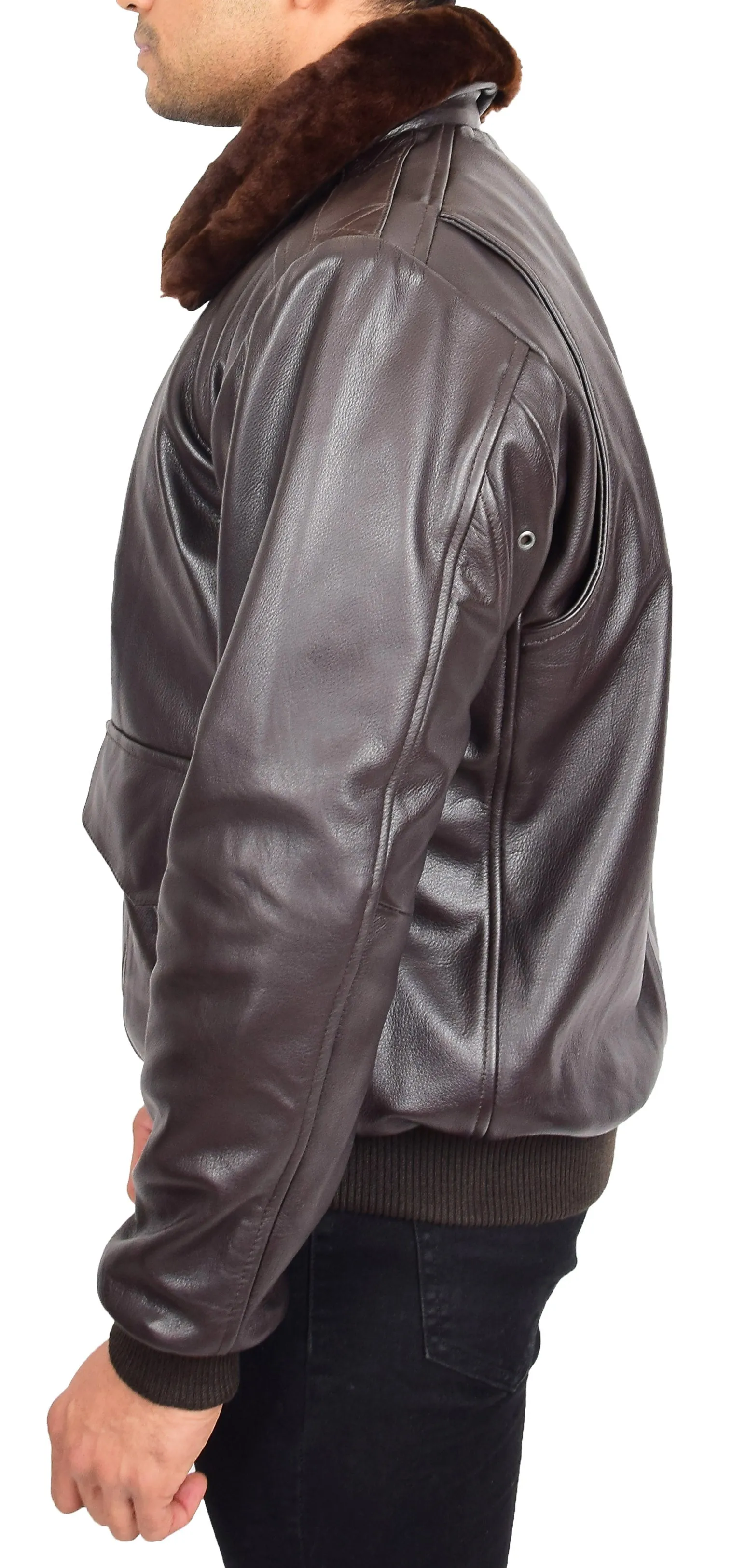 Mens Genuine Cowhide Brown Leather Flight Jacket Sheepskin Collar Bomber Harrier