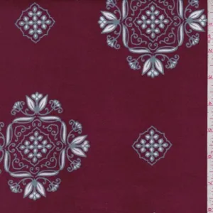 Merlot/Grey Square Medallion Double Brushed Jersey Knit Fabric