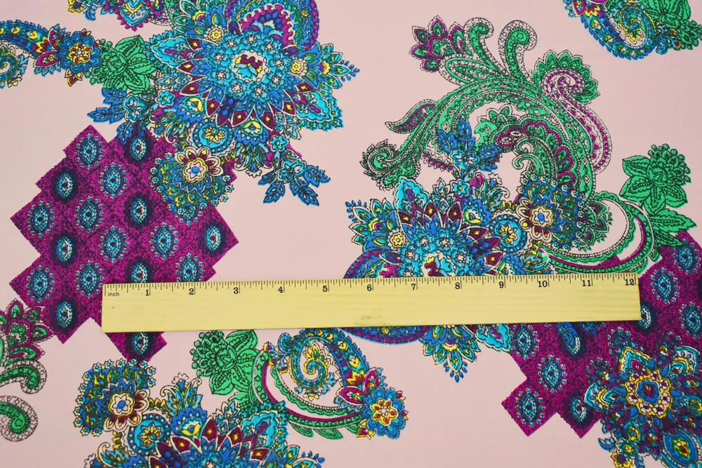 Pink-Turquoise-Multi Abstract Baroque Printed Crepe Rayon Faille Woven Fabric