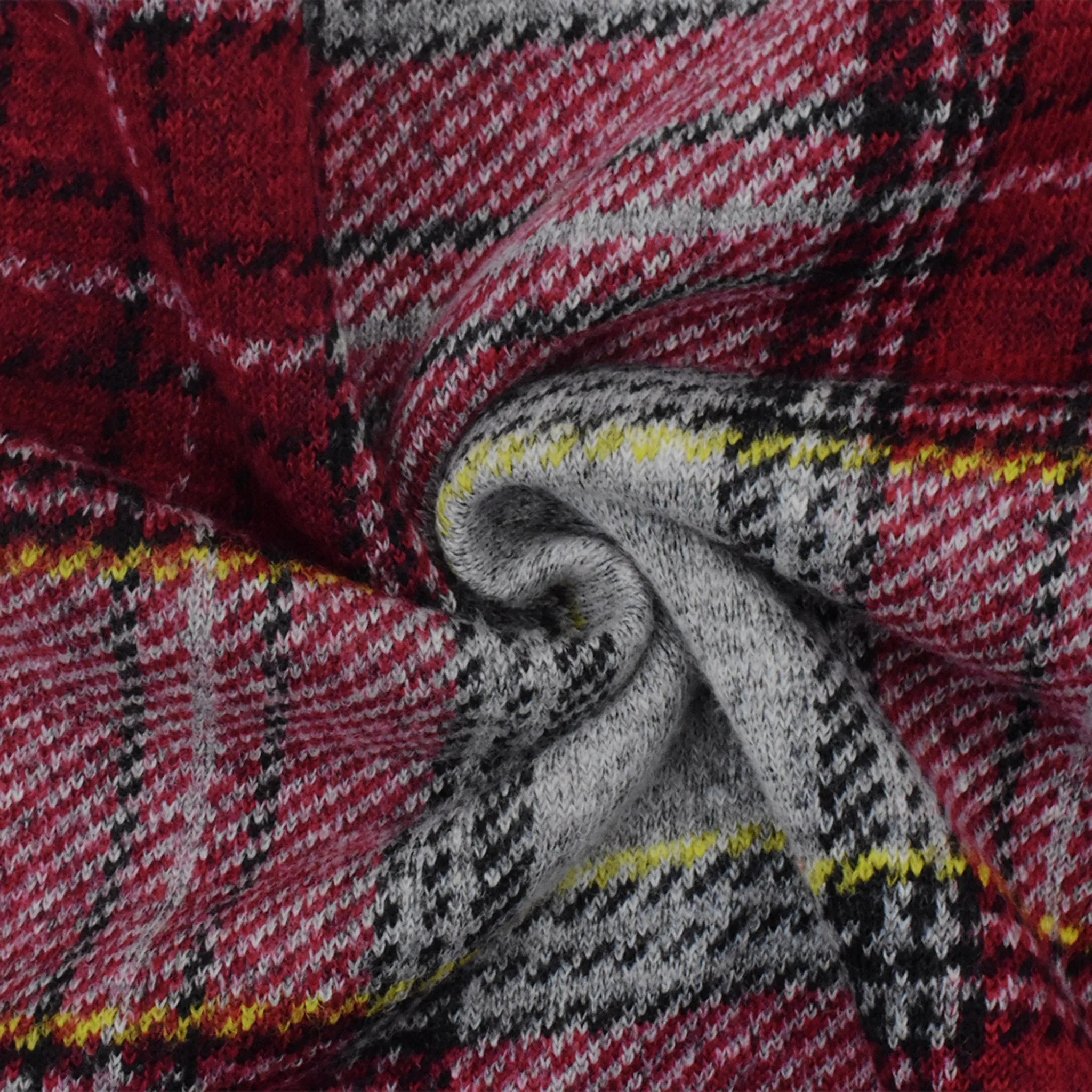 Red-Black-Multi Famous Designer Brushed Back Plaid Knit Jacketing Fabric