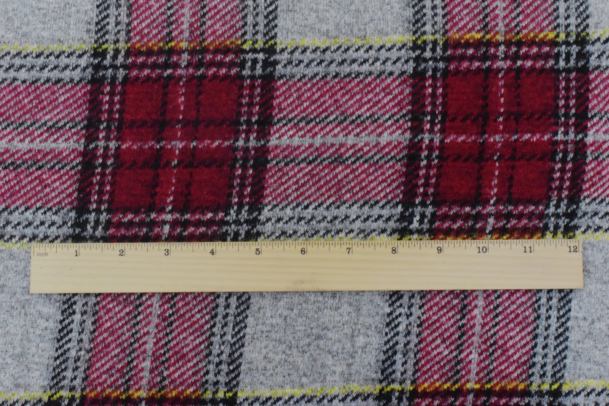 Red-Black-Multi Famous Designer Brushed Back Plaid Knit Jacketing Fabric