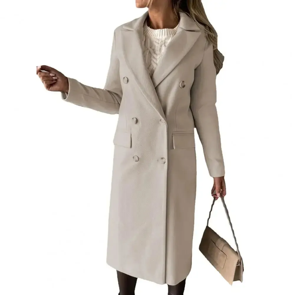 Slim Fit Double Breasted Solid Color Woolen Autumn Winter Long Women Coats