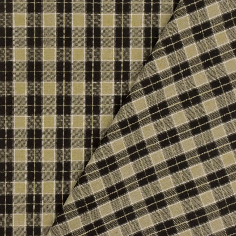 Taupe Beige-Black-White Plaid Cotton Polyester Madras Woven Fabric