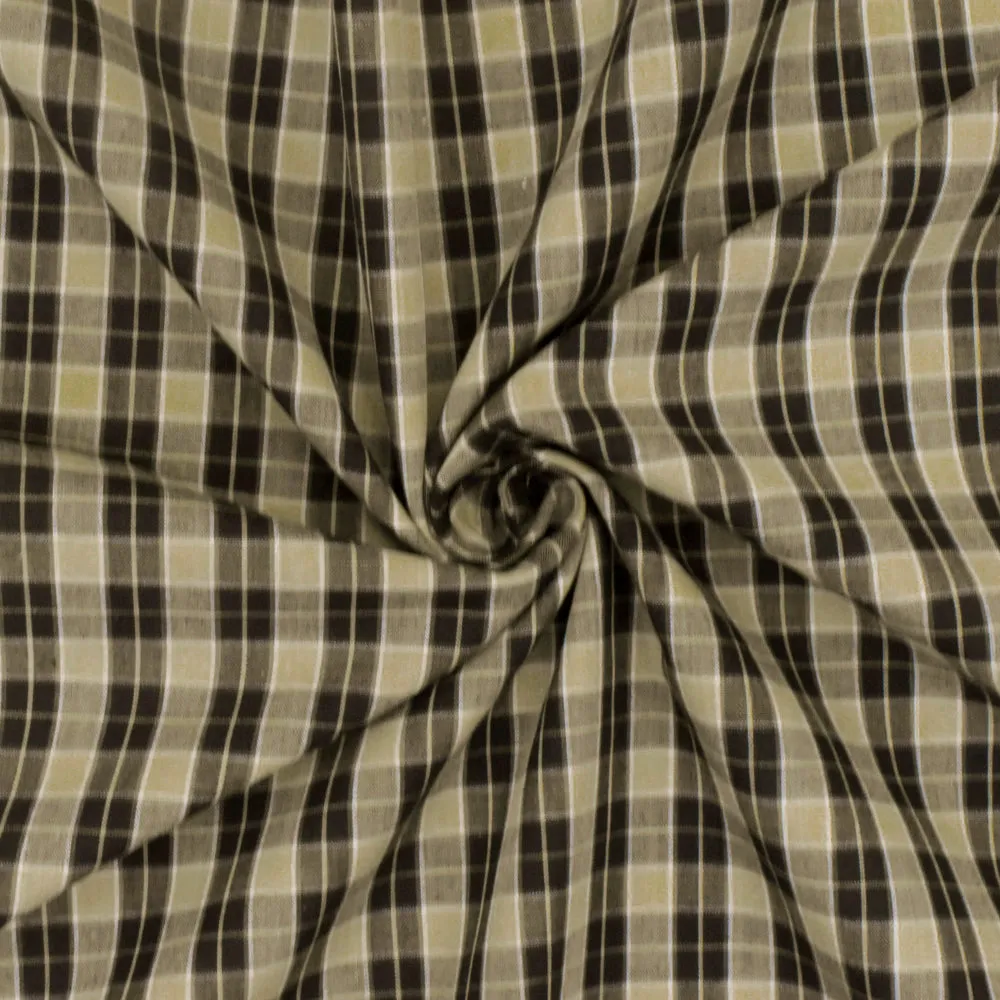 Taupe Beige-Black-White Plaid Cotton Polyester Madras Woven Fabric