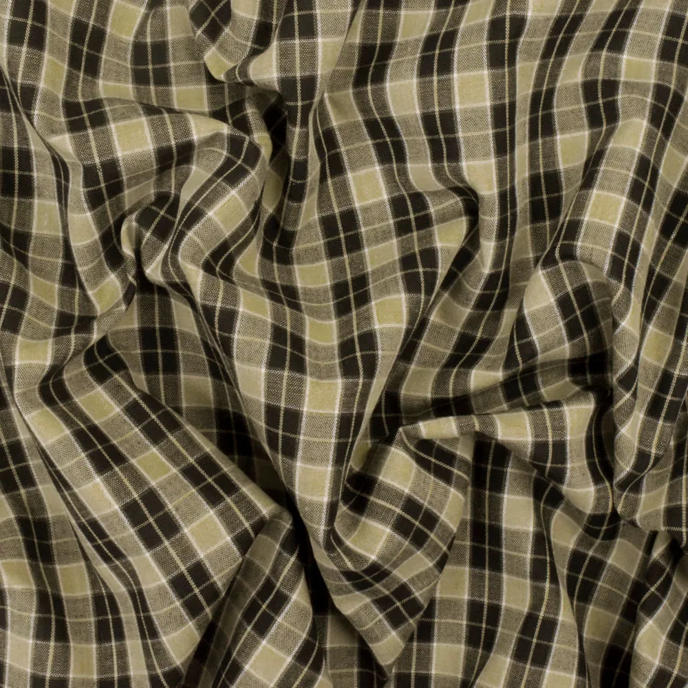 Taupe Beige-Black-White Plaid Cotton Polyester Madras Woven Fabric