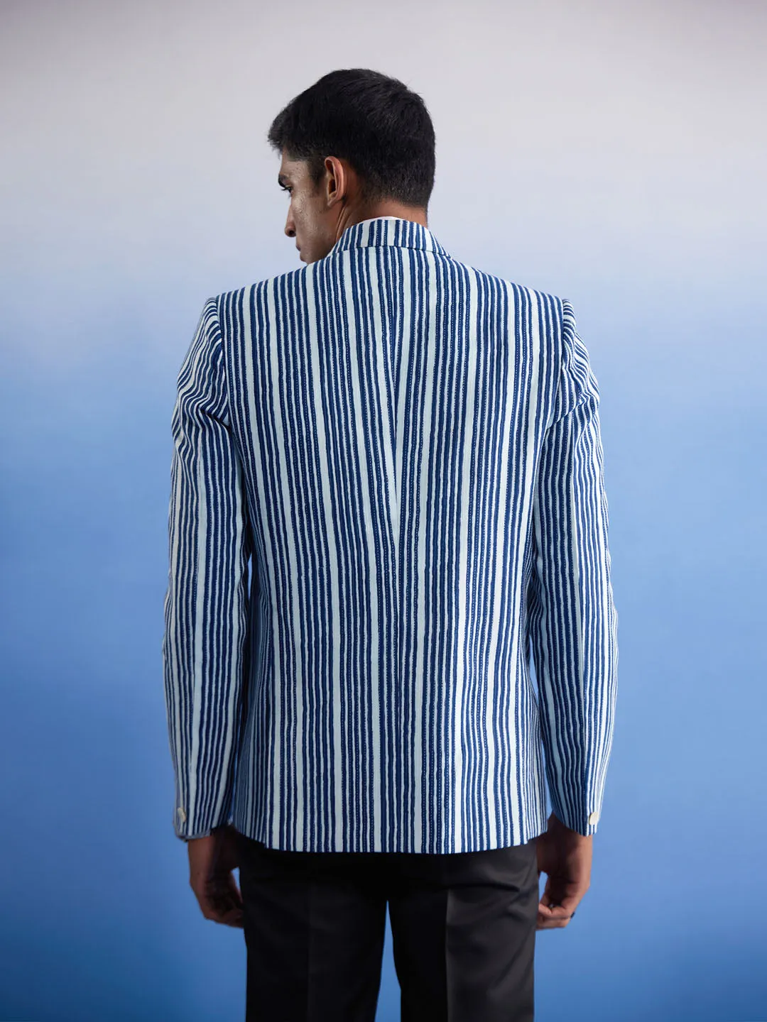 Vastramay Men's Blue And White Striped Blazer