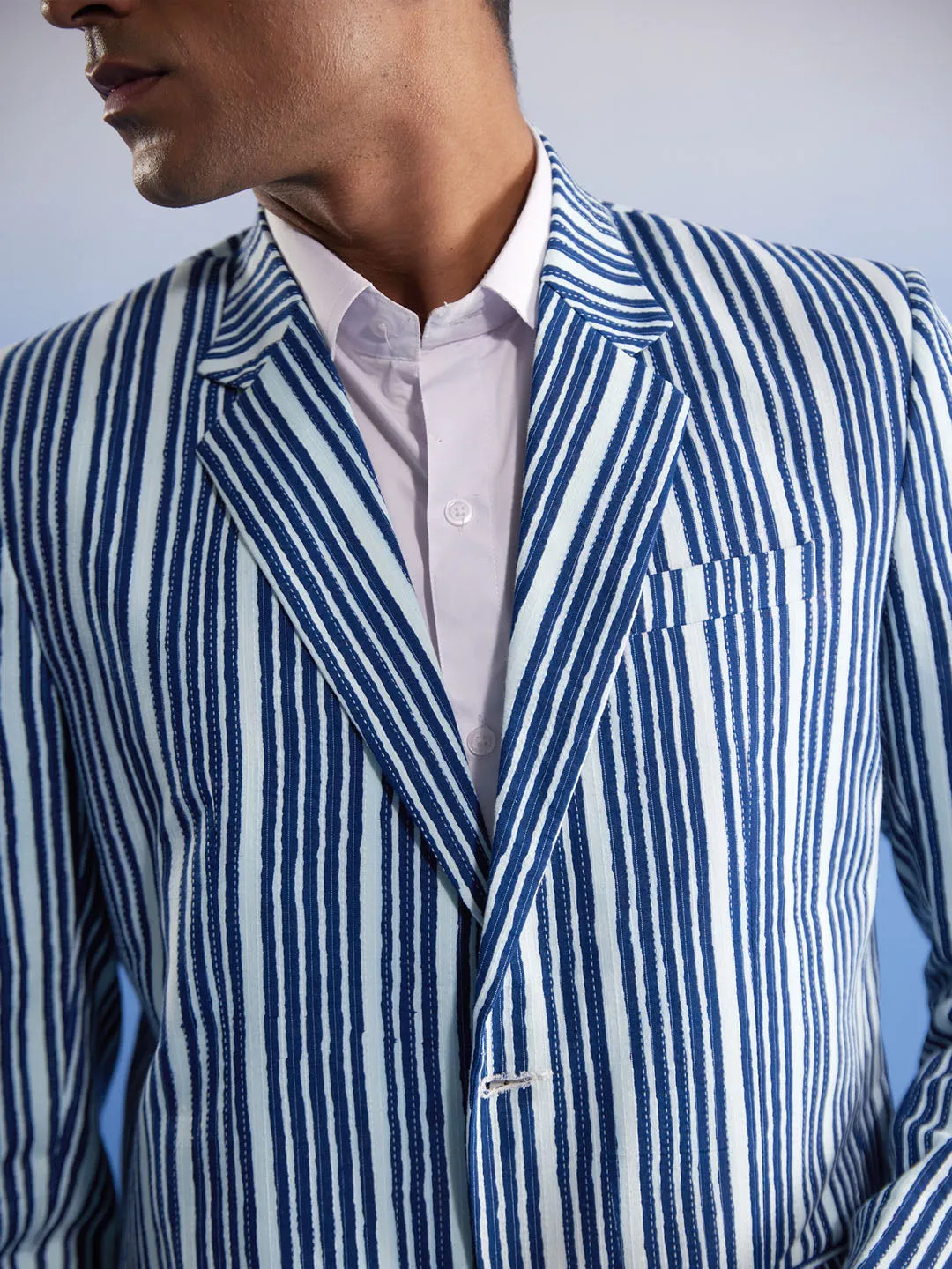 Vastramay Men's Blue And White Striped Blazer