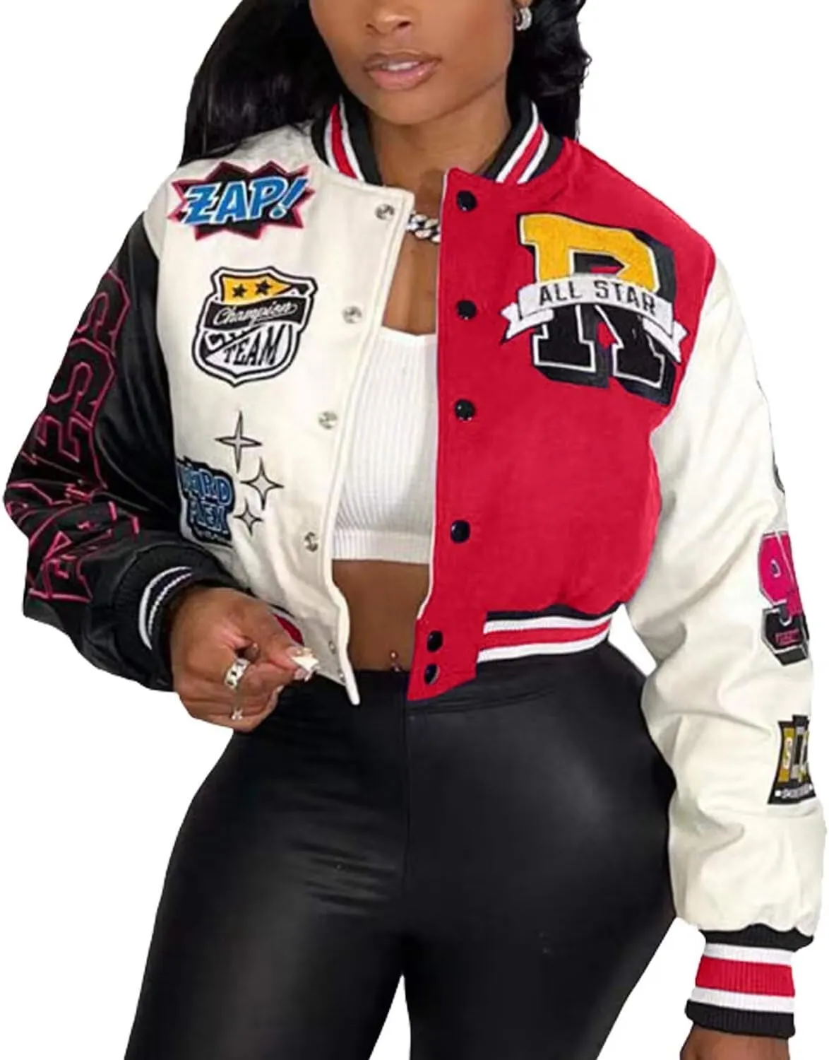 Womens Varsity Jacket Long Sleeve Button Down Cropped Bomber Jackets