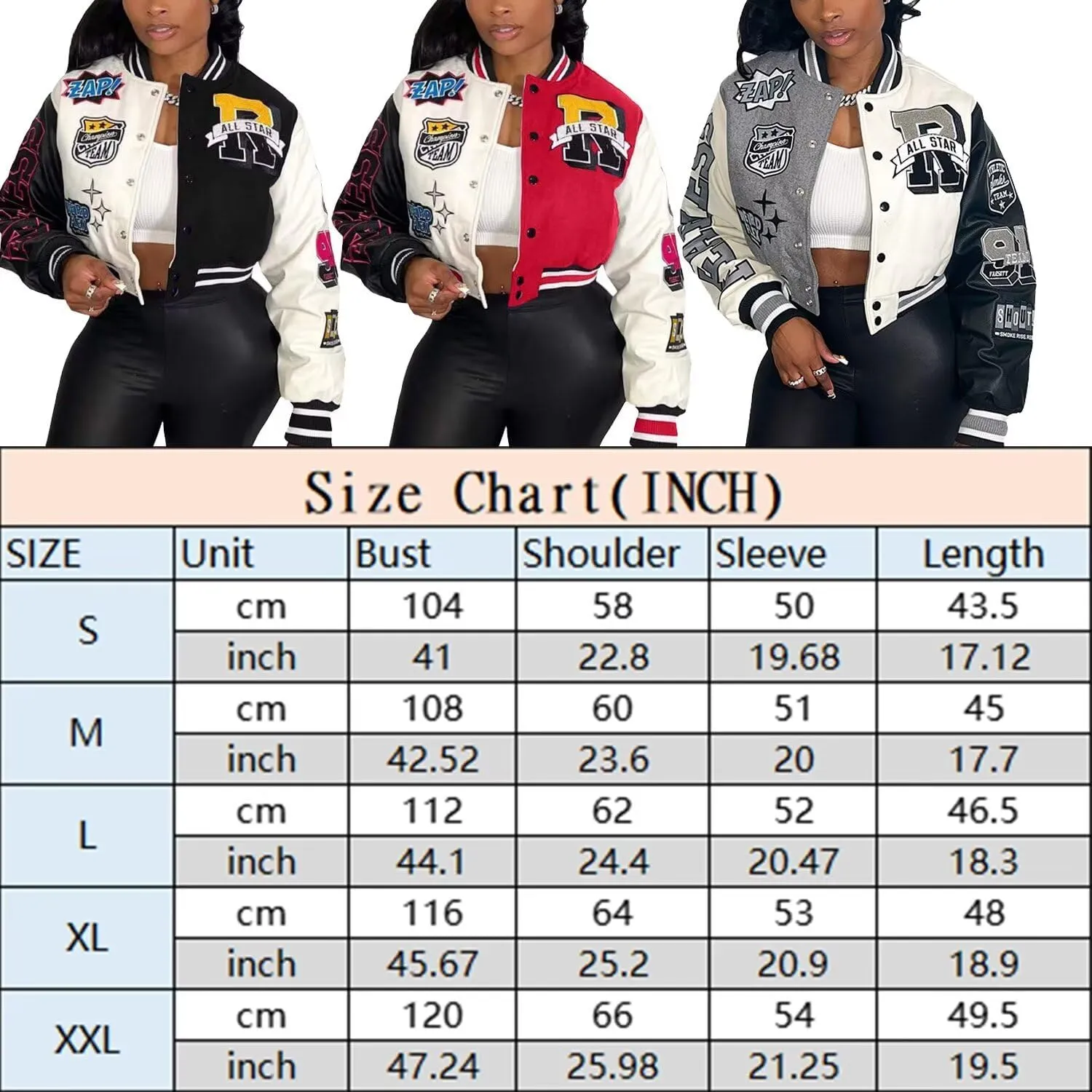 Womens Varsity Jacket Long Sleeve Button Down Cropped Bomber Jackets