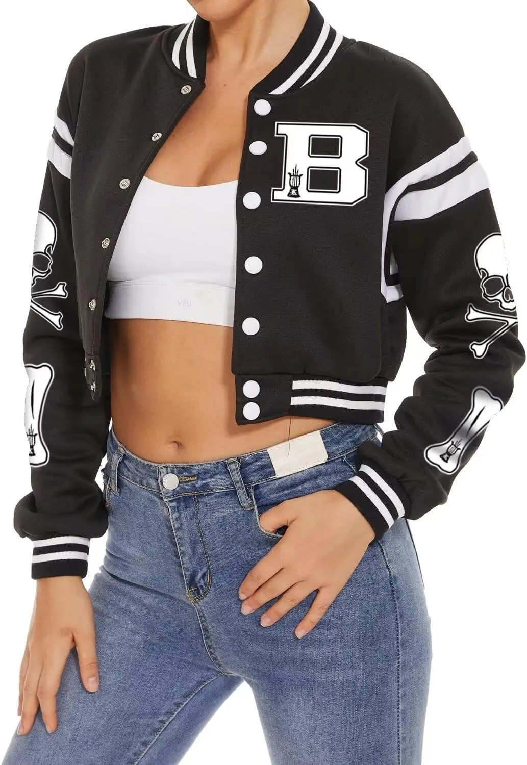 Womens Varsity Jacket Long Sleeve Button Down Cropped Bomber Jackets