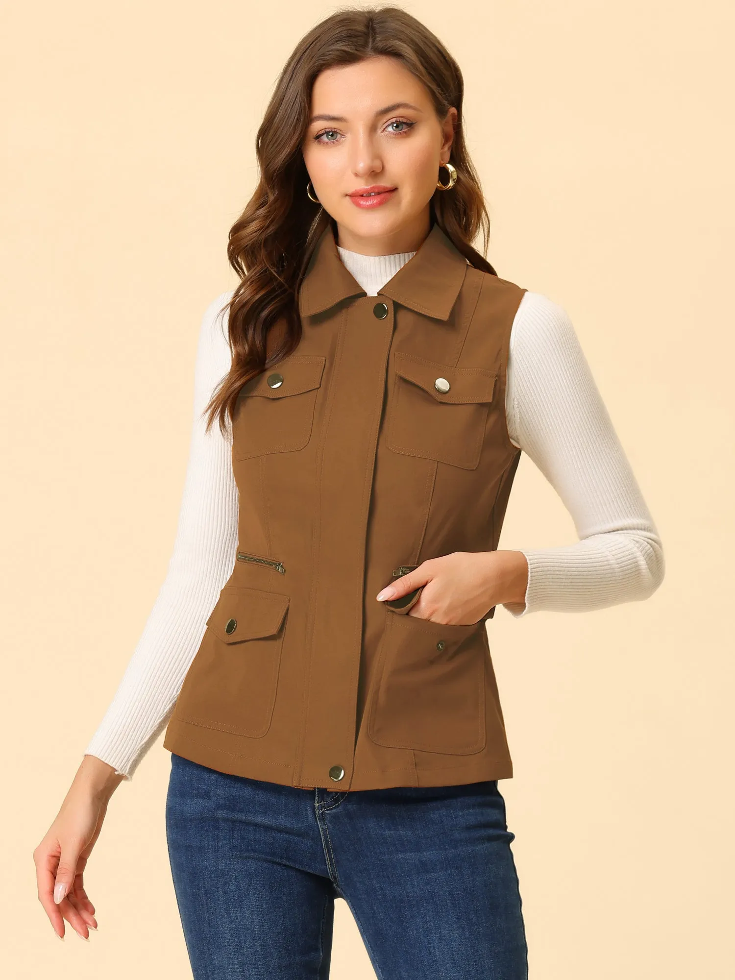 Zip Up Pockets Sleeveless Cargo Jacket Utility Vest