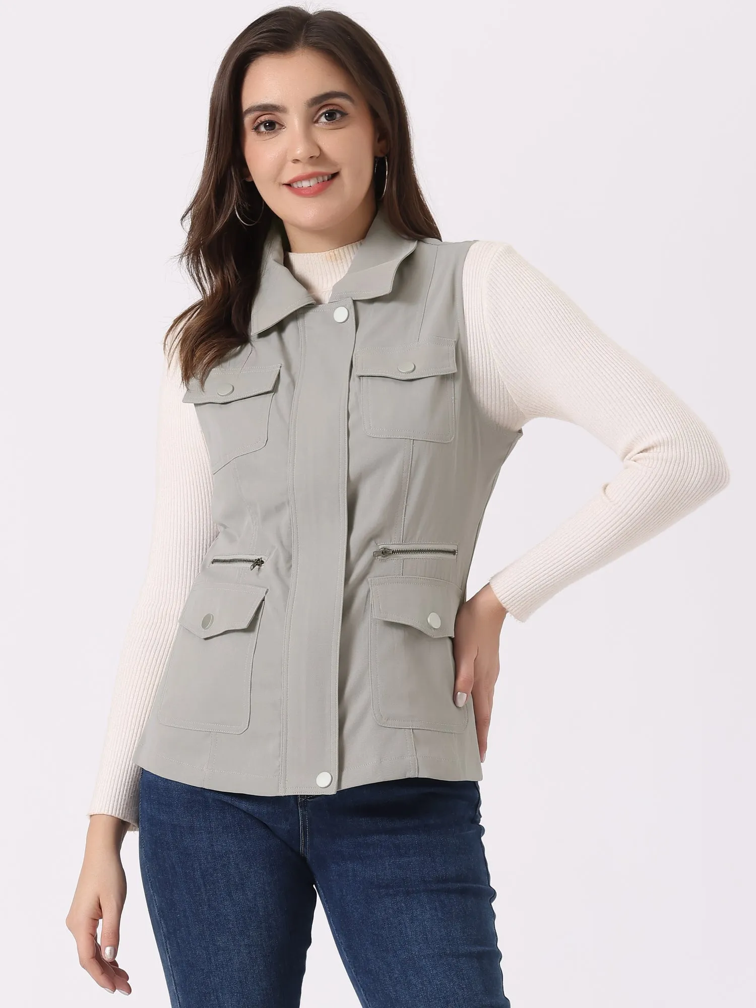 Zip Up Pockets Sleeveless Cargo Jacket Utility Vest