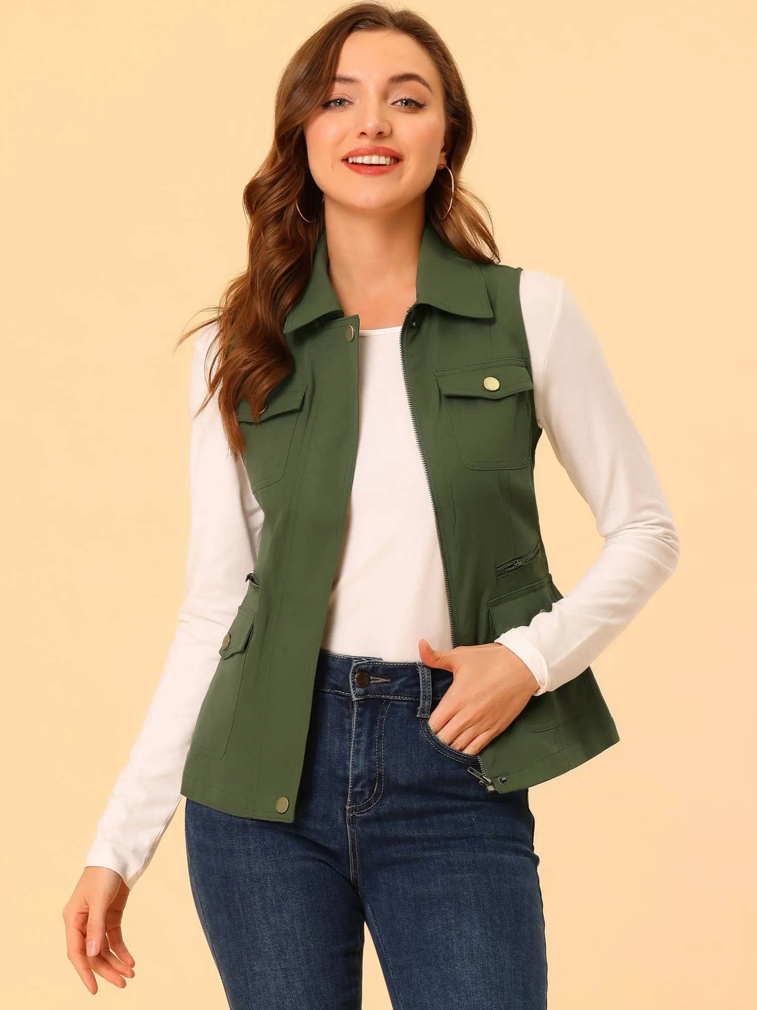 Zip Up Pockets Sleeveless Cargo Jacket Utility Vest