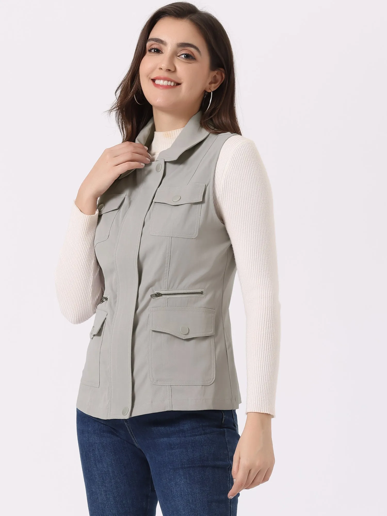 Zip Up Pockets Sleeveless Cargo Jacket Utility Vest